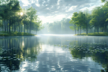 Fototapeta premium Tranquil lake scene surrounded by lush trees, reflecting in calm water under a cloudy sky. Serene nature landscape in the morning light.