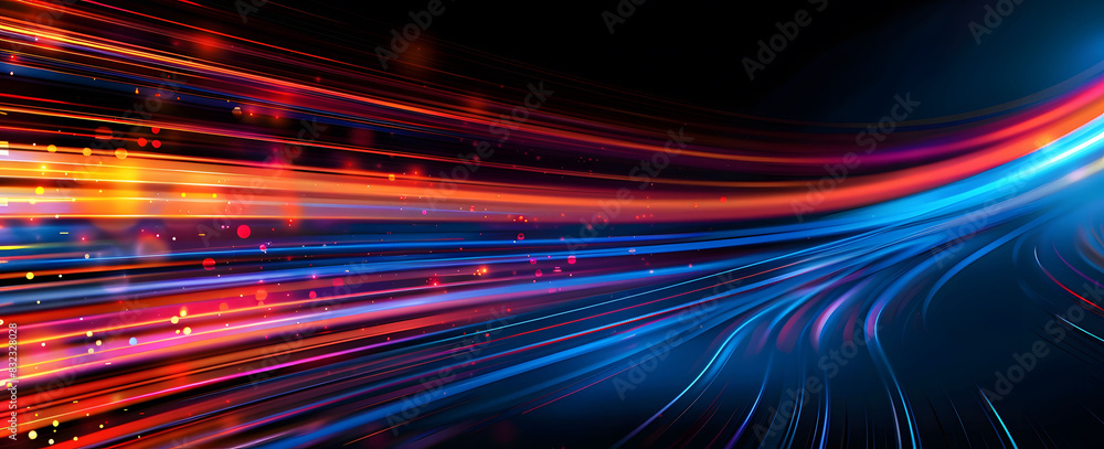 Poster abstract illustration depicting high-speed light trails in 3d, creating a dynamic and futuristic bac