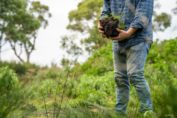 university student conducting research on forest health. farmer collecting soil samples in a test...