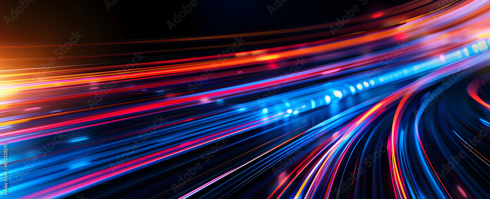 Wall mural Abstract illustration depicting high-speed light trails in 3D, creating a dynamic and futuristic backdrop. The red and blue light motion trails convey a sense of fast movement and modern technology.