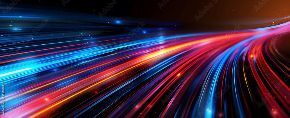 Poster abstract illustration depicting high-speed light trails in 3d, creating a dynamic and futuristic bac
