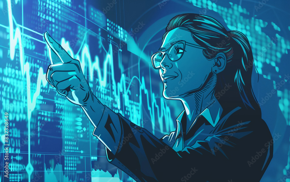 Poster woman analyzing financial data on a futuristic digital screen with graphs and charts in a high-tech 