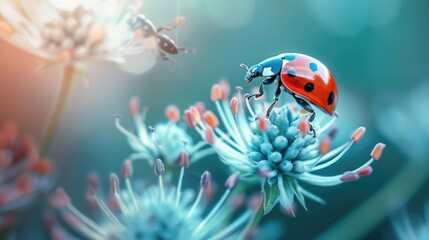 Close up picture of a ladybug on a flower in a garden gathering nectar