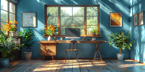 Modern Workspace Illustration - Minimalist & Vibrant | Copy Space Background