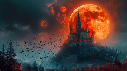 A vampires castle on a hill, surrounded by bats and illuminated by the full moon