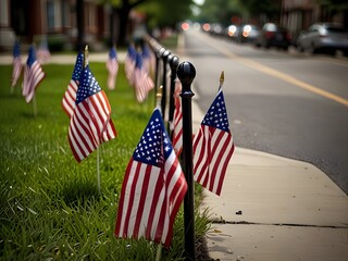 A Row of American Flags on a City Street. Memorial Day.