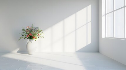 white room and fllowers with a window