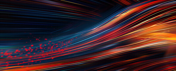 Abstract illustration depicting high-speed light trails in 3D, creating a dynamic and futuristic backdrop. The red and blue light motion trails convey a sense of fast movement and modern technology.
