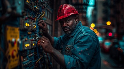 Obraz premium Confident electrician expertly wiring a building, surrounded by a maze of cables and tools