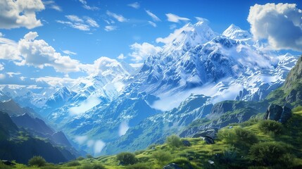 Obraz premium A serene and super realistic image of a mountain landscape with a clear blue sky and lush greenery,
