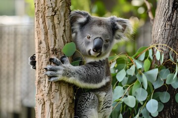 Fototapeta premium Adorable Koala Hugging Eucalyptus Tree in Natural Habitat
