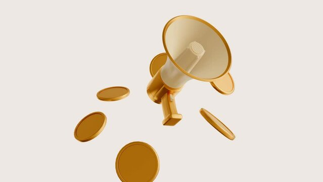 3d animation of a megaphone and rotating gold coins isolated on the white background