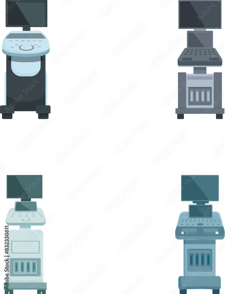 Poster collection of four isolated vector illustrations showing different styles of office desks with compu