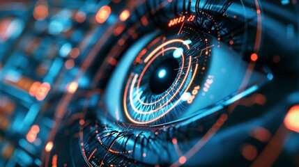 A close-up of an AI-driven facial recognition system interface, scanning for security threats without showing any human features.