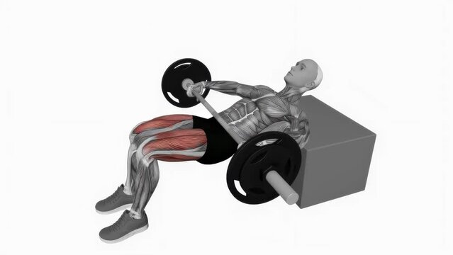 3D illustration animation of a fitness male model doing the barbell kas glute bridge exercise