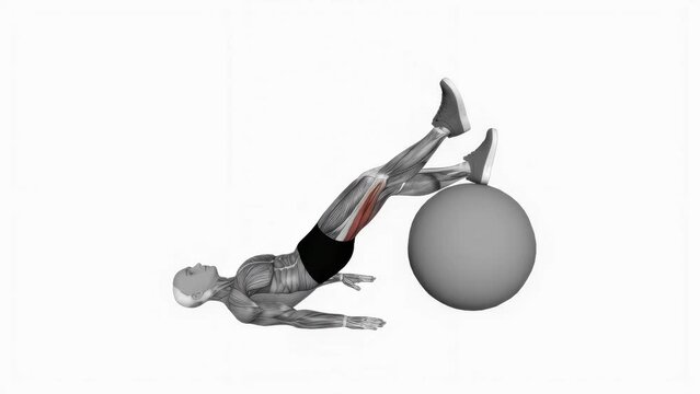 3D illustration of fitness male model doing the ball one legged diagonal kick hamstring curl workout