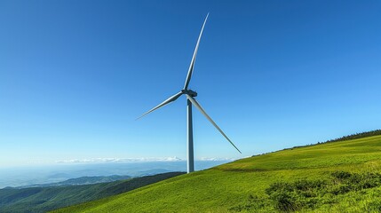 A lone wind turbine standing on a lush green hill, with a clear blue sky in the background. 