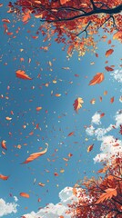 Create a minimalist digital artwork capturing the essence of autumn's crisp air. Illustrate a clear blue sky overhead, with colorful leaves fluttering gently in the breeze. Use sharp, clean lines and