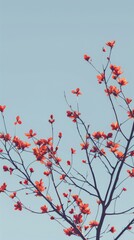 Illustrate the crisp air of autumn in a minimalist digital artwork. Depict a clear blue sky and bare branches against a clean background, with a hint of chilliness in the air. Use sharp, clean lines