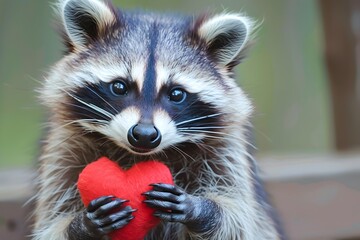 Adorable Raccoon Holding a Tender Heart in Woodland Setting