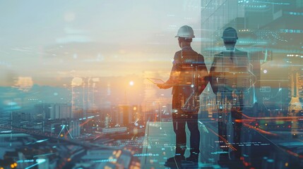 Future building construction engineering and technology project concept. double exposure graphic with engineer using digital tablet and smart industry and IOT software to control operation.