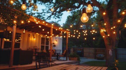 Obraz premium An outdoor patio with string lights featuring multiple light bulbs, creating a festive and inviting atmosphere