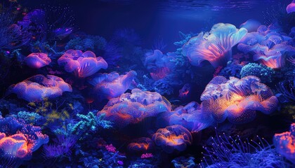 Obraz premium Coral reef at night with bioluminescent plants and nocturnal marine life, glowing softly, dark blues and purples, digital art, mysterious and serene,