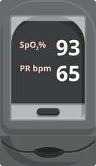 Illustration of a pulse oximeter displaying spo2 at 93 percent and pulse rate at 65 bpm