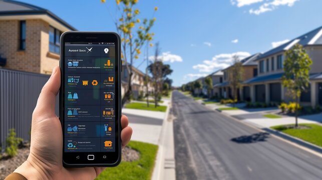A mobile app interface for managing household waste collection and recycling schedules, depicted on a smartphone held against the background of a clean, organized neighborhood.