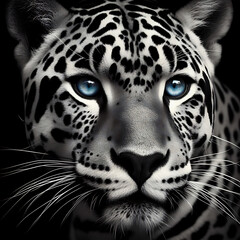 Black and white jaguar ,blue eyes. close up portrait of a leopard with blue eyes. Arabian leopard. Amur leopard. Leopard. Leopard with blue eyes. Leopard portrait. animal beauty. Piercing Blue Eyes.