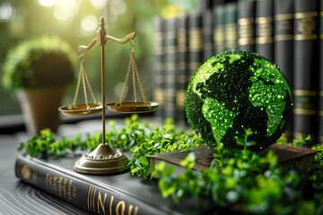 environmental law concept : Global Environmental Justice, Wooden Gavel and Golden Scales,  environment, law