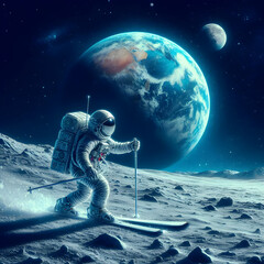 Astronauta sobre skies en la luna con el planeta tierra de fondo. Concepto espacial creativo.