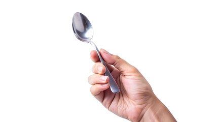 Close-up of a hand holding a spoon, isolated, as if carefully analyzing a tiny object with a magnifying glass