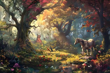 Enchanted Autumn Forest with Whimsical Magical Creatures in a Fairytale Landscape