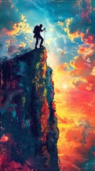 Silhouette of a hiker standing on the edge of a cliff at sunrise, colorful sky, adventure, triumph, and breathtaking scenery.