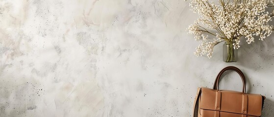 Elegant leather handbag with dried flowers in vase on textured white background. Minimalistic stylish composition.