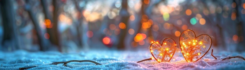 Two illuminated heart-shaped wire sculptures on snowy ground with blurred colorful lights in the background, creating a romantic winter scene.