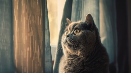 An overweight British Shorthair cat watching a fly on a curtain, eyes wide with anticipation
