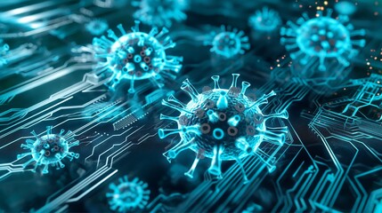 A next-generation AI-powered antivirus system in action, visually depicting the detection and eradication of a computer virus.