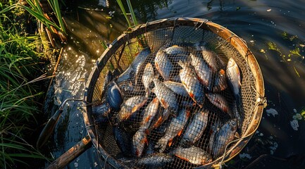 a image of a basket full of fish sitting on top of a river