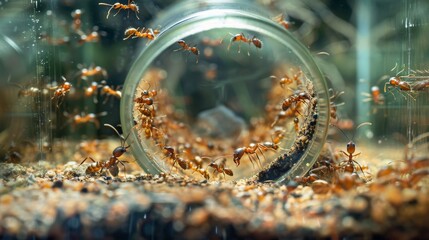 Ants constructing tunnels in a glass ant farm, providing a clear view of their underground...