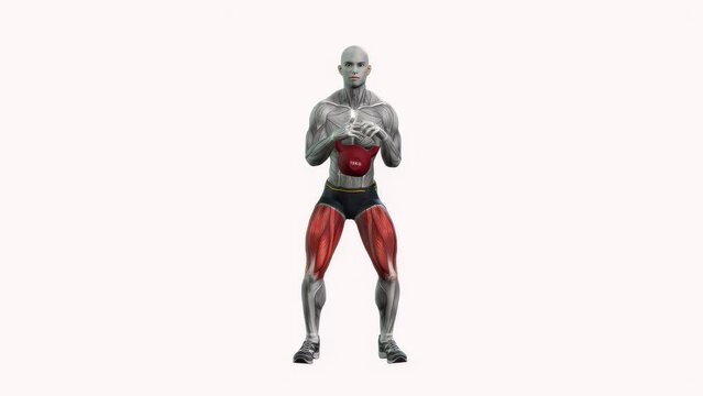 3D illustration animation of a fitness male model doing the goblet kettlebell squats workout