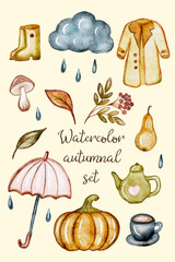 Watercolor autumn set, fall season leaves, rain and umbrella, pumpkin, cozy mug. Hand made not AI vector 