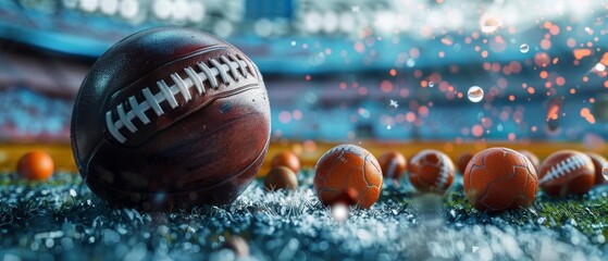 Close-up of wet footballs on a rainy field during a game, capturing the intensity and unpredictability of weather in sports. - Powered by Adobe