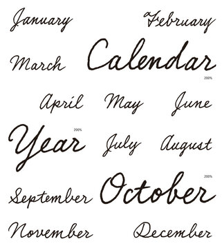 手書き筆記体の月の英語名。グラフィック デザイン、カレンダー、パーツ。