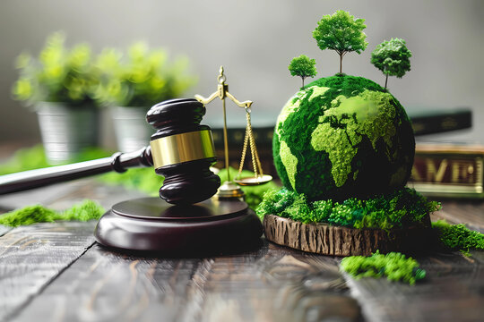 environmental law concept : Global Environmental Justice, Wooden Gavel and Golden Scales,  environment, law
