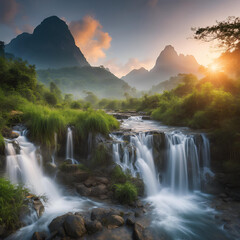 Beautiful natural landscape of waterfalls and mountains at dawn.