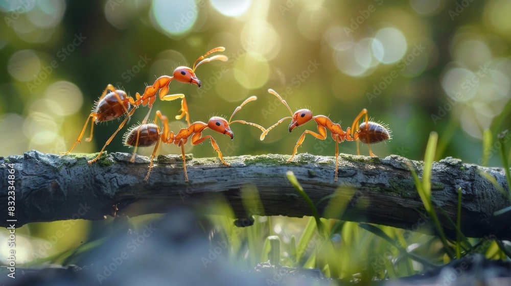 Poster ants interacting with each other on a log, possibly communicating or exchanging food