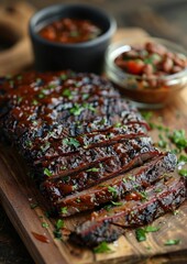 BBQ Brisket - Sliced BBQ brisket with a side of baked beans. 