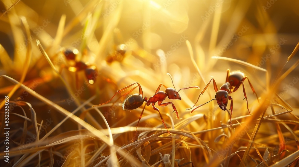 Poster ants navigating through blades of grass, with the sun casting shadows and creating a dynamic landsca